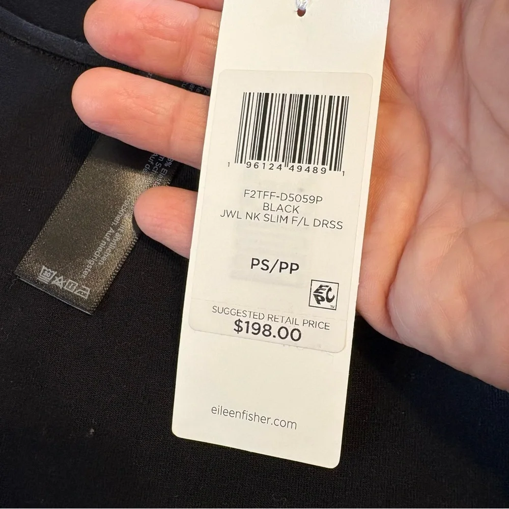 Eileen Fisher Petite Small SP Stretch Jersey Knit Jewel Neck Dress Black Midi - Picture 7 of 9